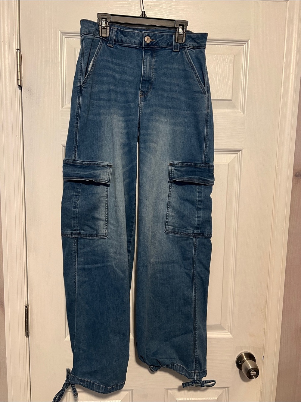 Gemma Rae Cargo Jeans Women 7/28 Blue Y2K Streetwear Wide Leg Drawstring Hem